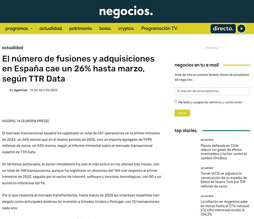 El nmero de fusiones y adquisiciones en Espaa cae un 26% hasta marzo, segn TTR Data